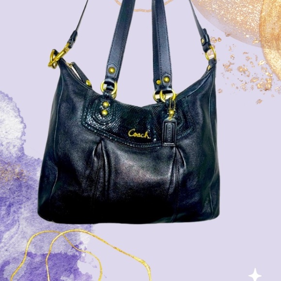 COACH Ashley Black Leather Python Trim Purse Shoulder Hobo Handbag F20104 - Picture 1 of 16